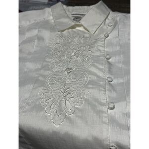 Nicola Women Long Sleeve Collar Beige Embroidered Button Down Shirt Size 12 A88